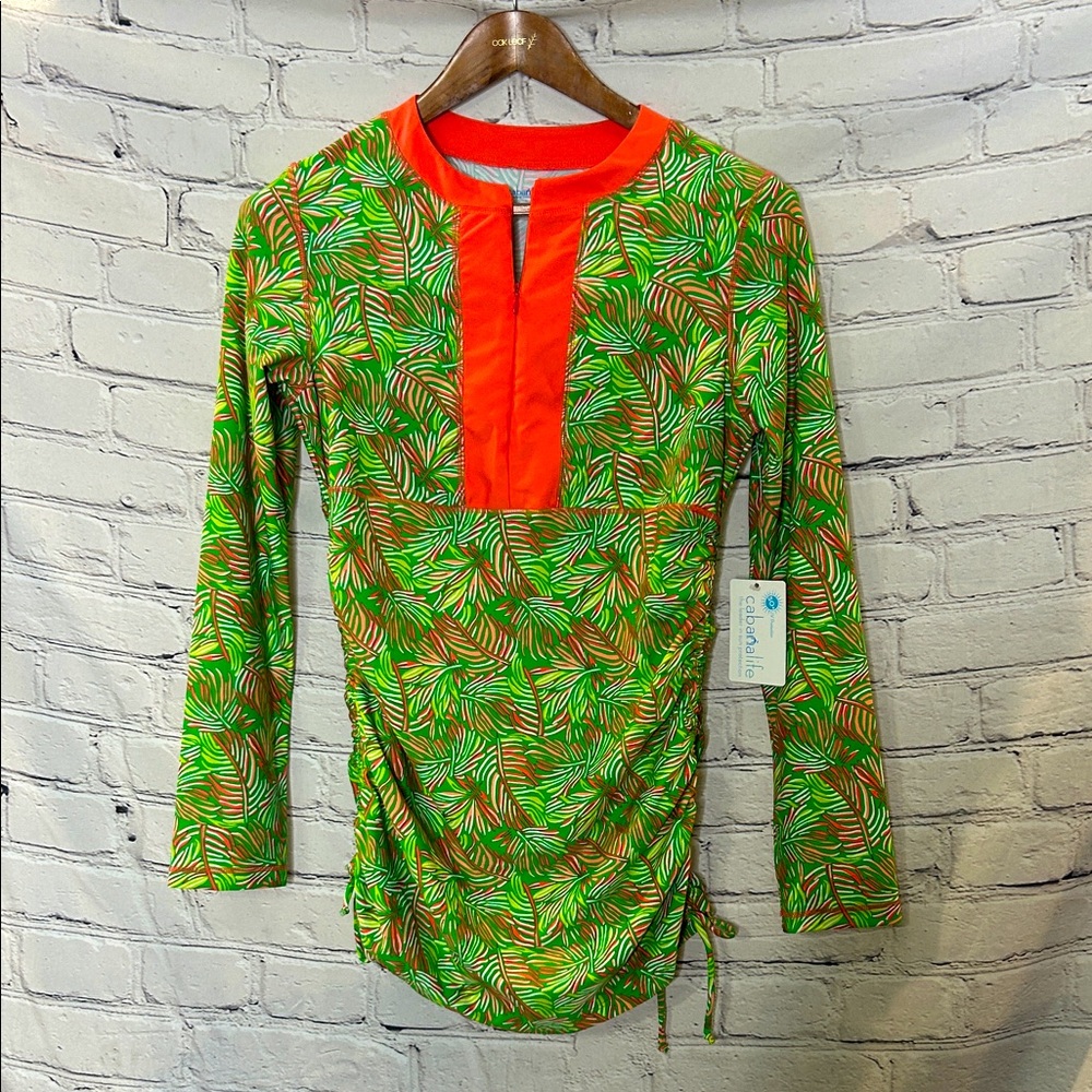 Cabana Life 50+ UPF Palm Breeze Ruched Rashguard Long Sleeve Top Size Large NWT